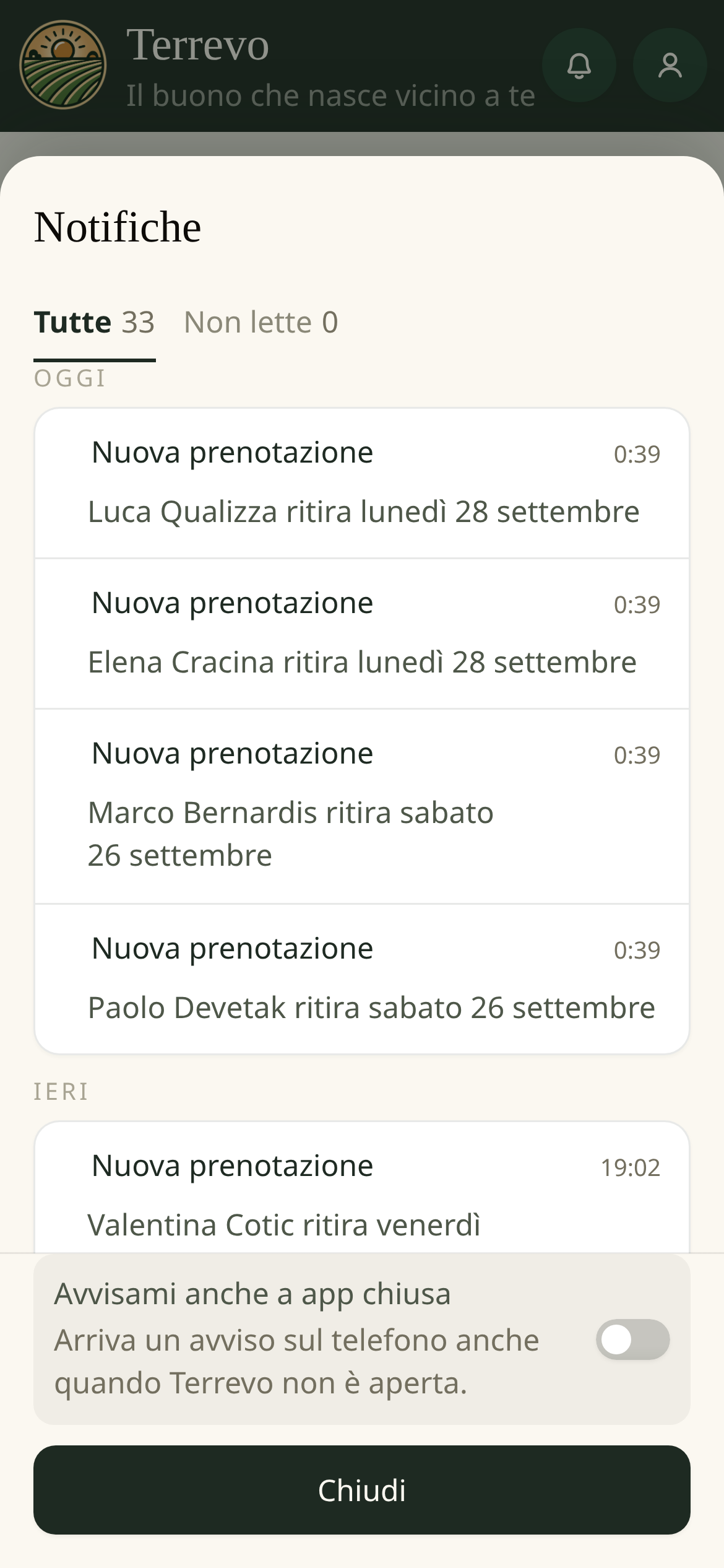 Gli avvisi del produttore: ogni prenotazione con il nome di chi ritira e il giorno scelto