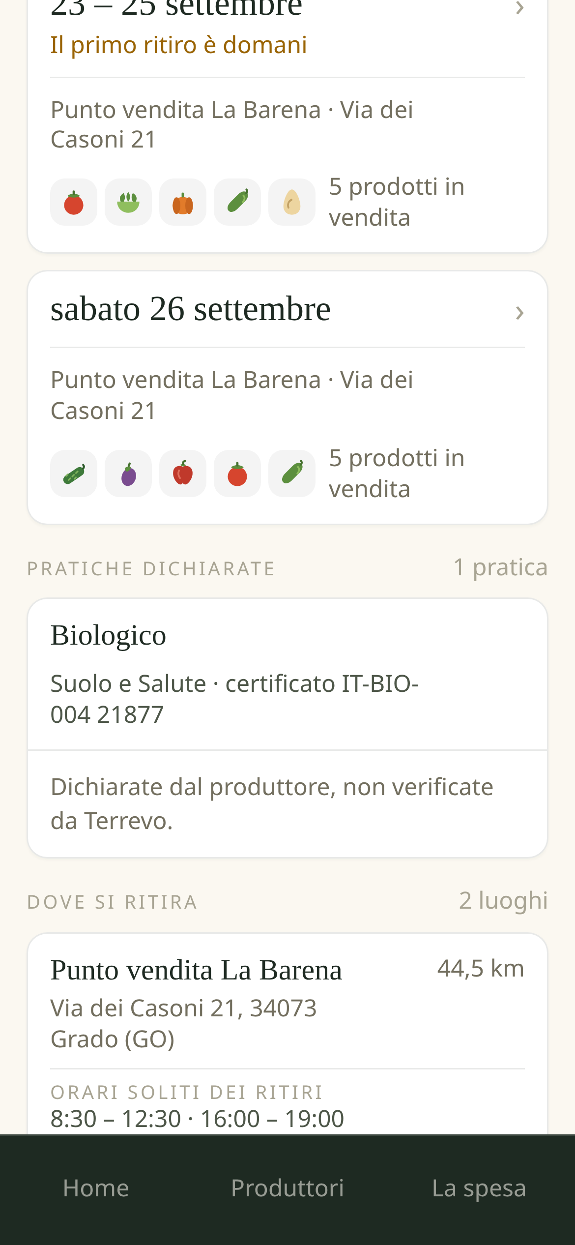 La bottega pubblica di un produttore: le pratiche dichiarate, con l'ente che ha certificato e il numero del certificato