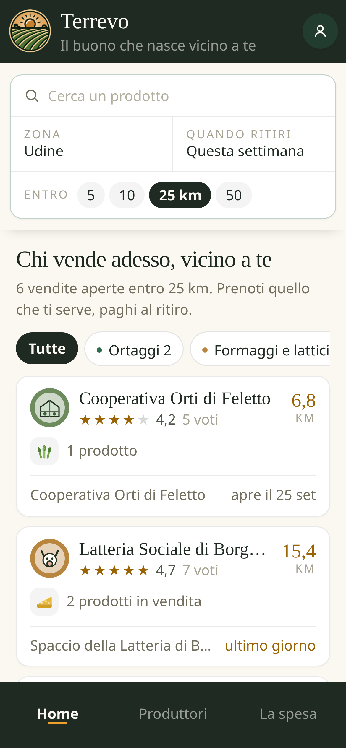 La home di Terrevo: le vendite aperte vicino a chi cerca, con la distanza accanto al nome del produttore