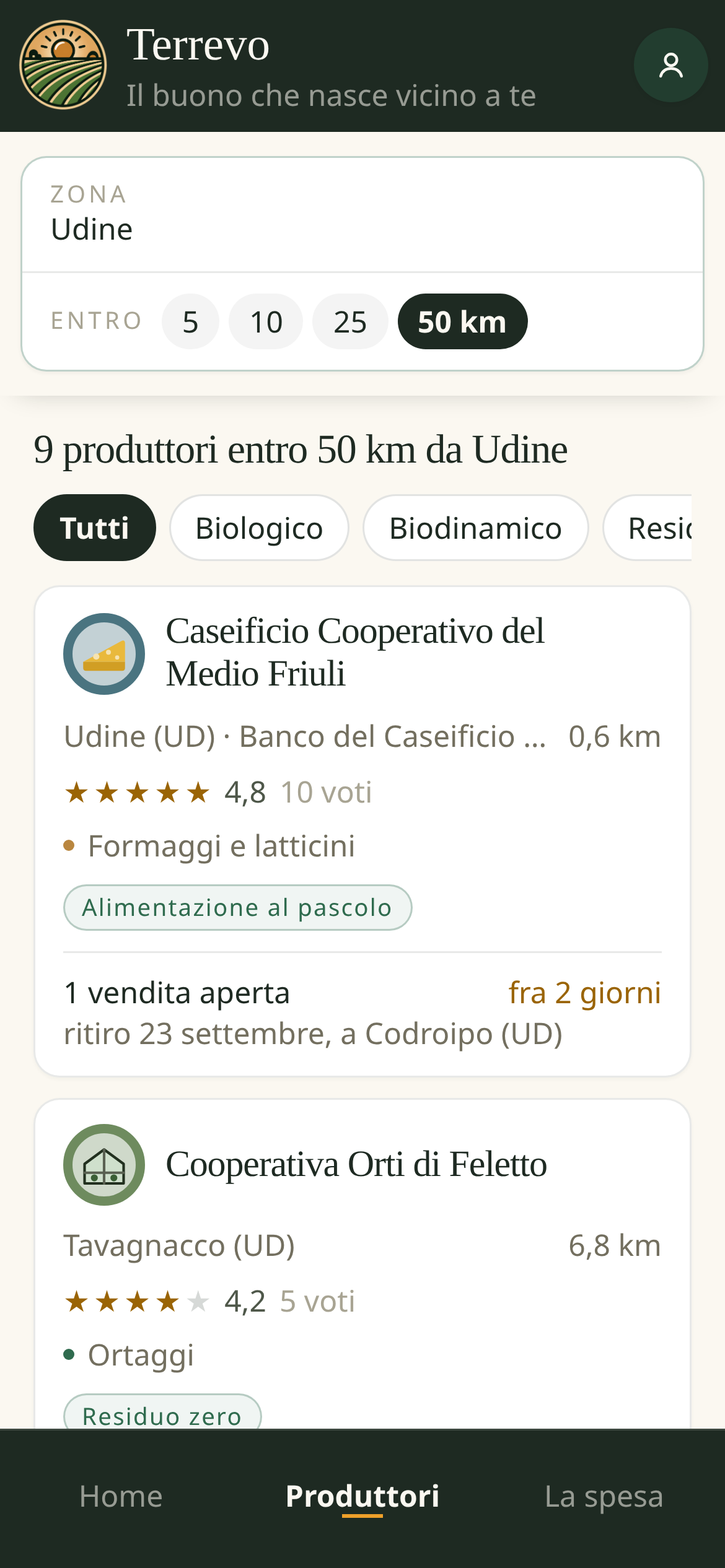 L'elenco dei produttori della zona: distanza, categorie e pratiche dichiarate, con i filtri per come si lavora
