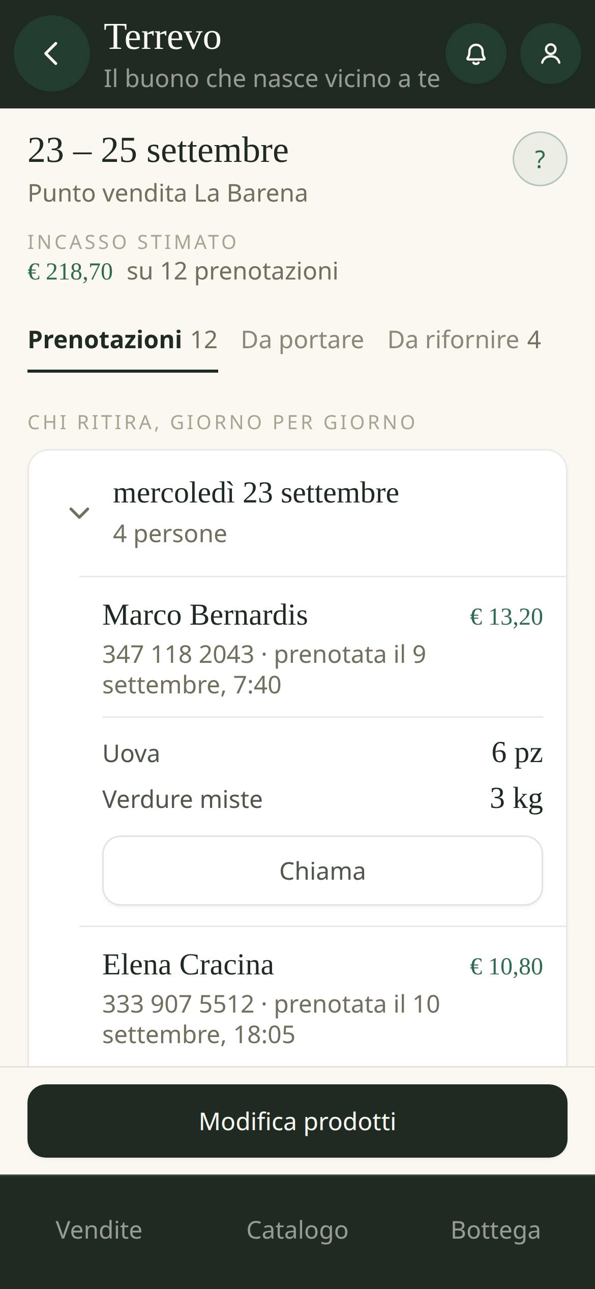 Il dettaglio di una vendita: l'incasso stimato, e chi ritira giorno per giorno con «Chiama» e «Consegnato»